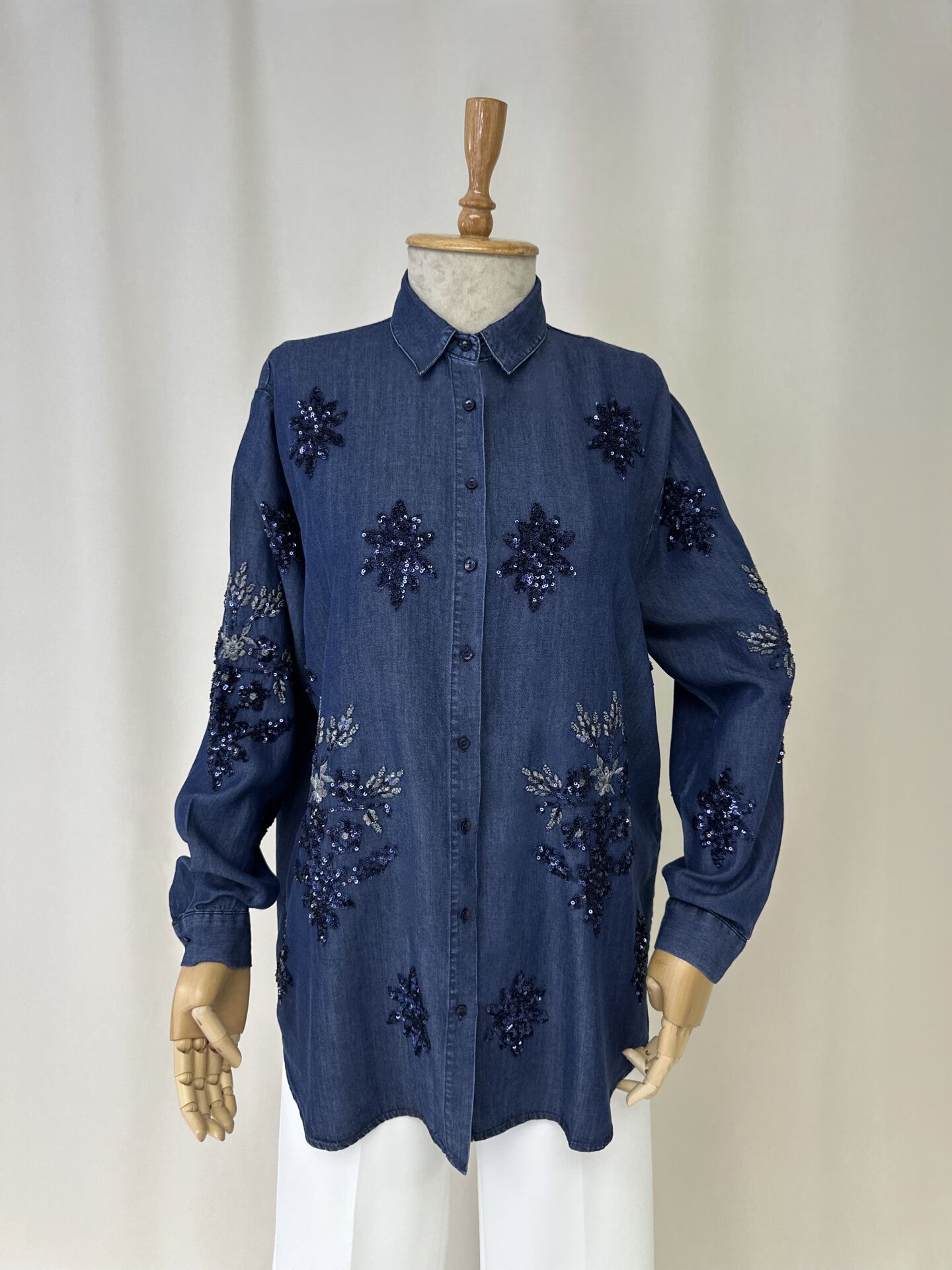 Denim Tonu Işıltı Tensel Gömlek