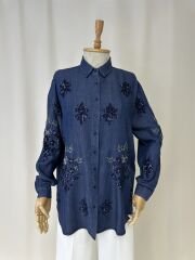 Denim Tonu Işıltı Tensel Gömlek