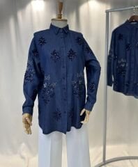 Denim Tonu Işıltı Tensel Gömlek