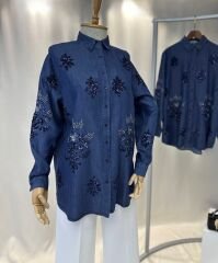 Denim Tonu Işıltı Tensel Gömlek