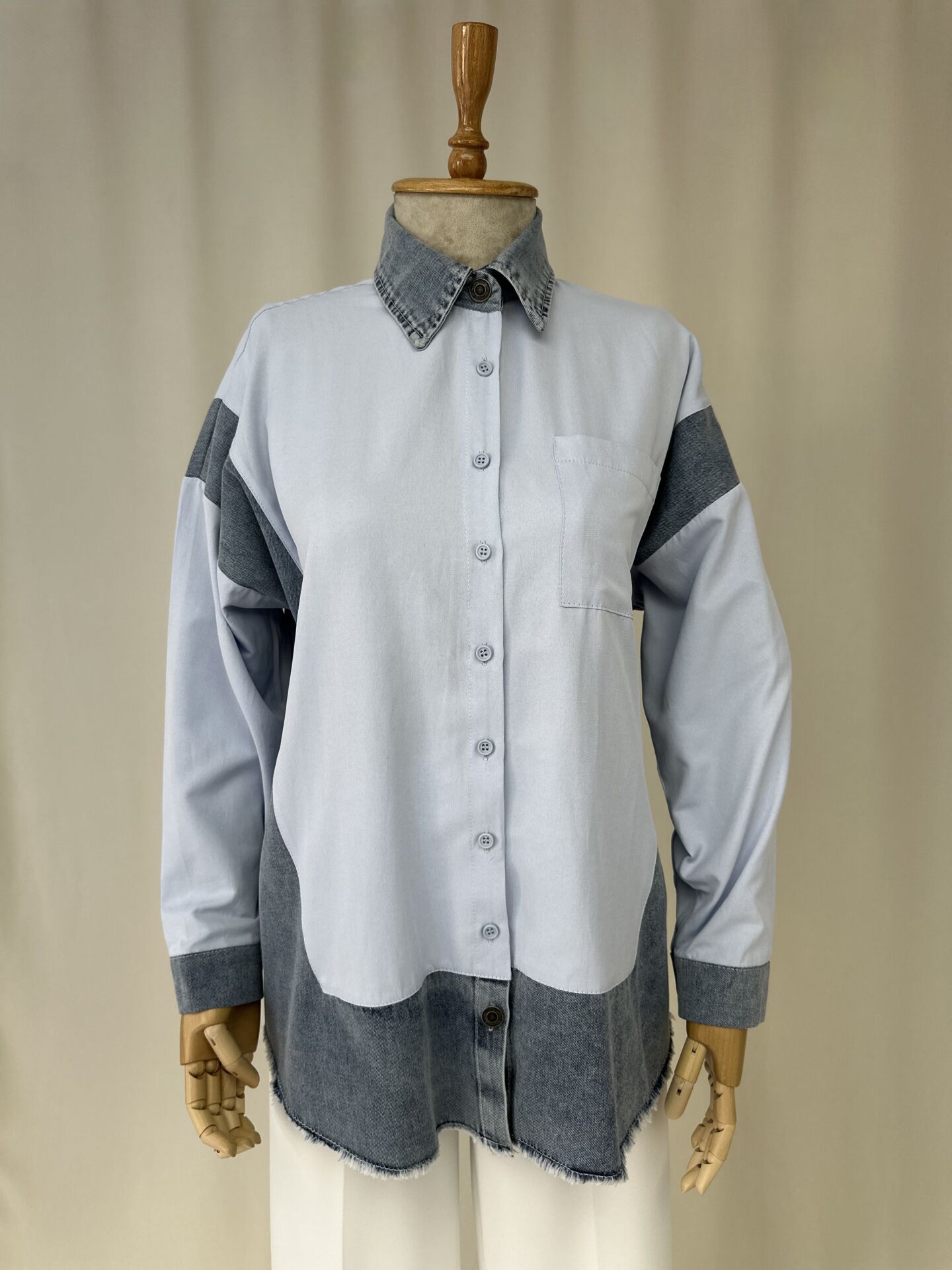 Denim Bloklu Pamuklu Gomlek Tunik