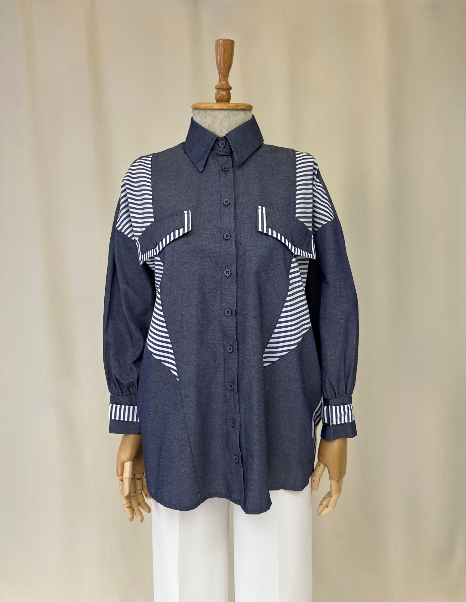 Çizgi Detaylı Pamuklu Oversize Gömlek – Lacivert