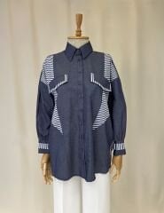 Cizgi Detayli Pamuklu Oversize Gomlek