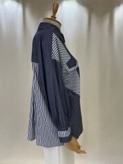 Çizgi Detaylı Pamuklu Oversize Gömlek – Lacivert