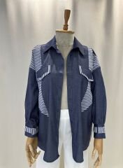 Çizgi Detaylı Pamuklu Oversize Gömlek – Lacivert