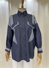 Cizgi Detayli Pamuklu Oversize Gomlek