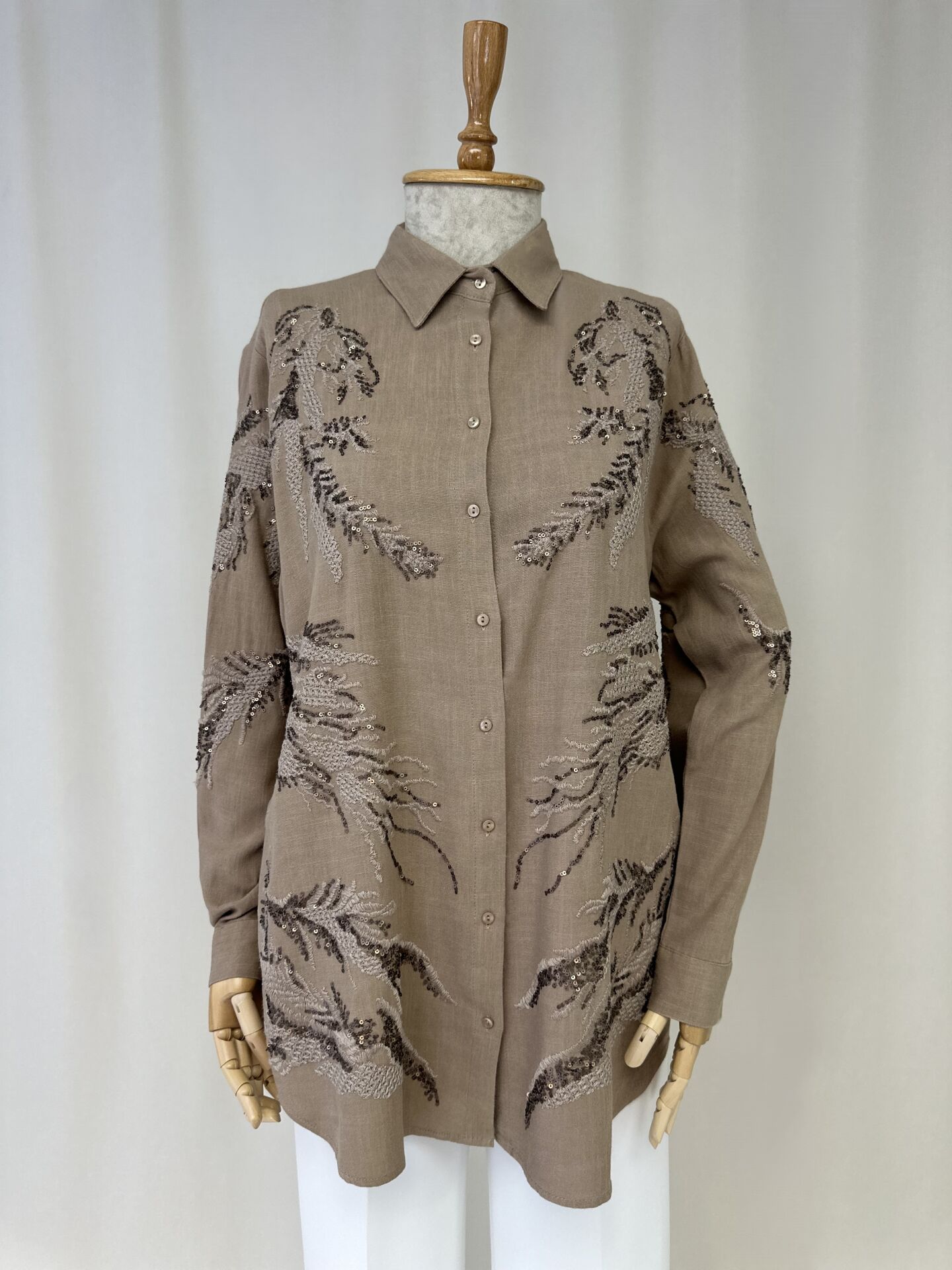 Nakis ve Payet Detayli Dogal Dokulu Keten Tunik