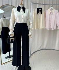 Siyah Cift Yaka Detayli Isiltili Tasli Gomlek