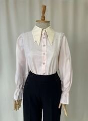 Ekru Cift Yaka Detayli Isiltili Tasli Gomlek