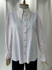 Ekru Cift Yaka Detayli Isiltili Tasli Gomlek