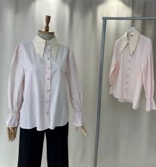 Ekru Cift Yaka Detayli Isiltili Tasli Gomlek