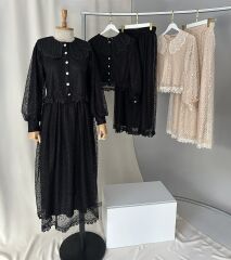 Dantel Detaylı Astarlı Balon Kol İkili Takım