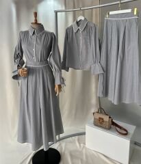 Ince Soft Cizgili Gomlek & Uzun Etek Takim