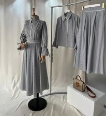 Ince Soft Cizgili Gomlek & Uzun Etek Takim